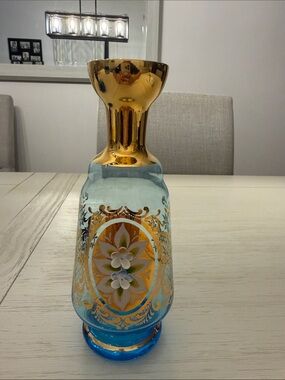 Abrand Blue and Gold Decorative Glass Vase with Floral Medallion